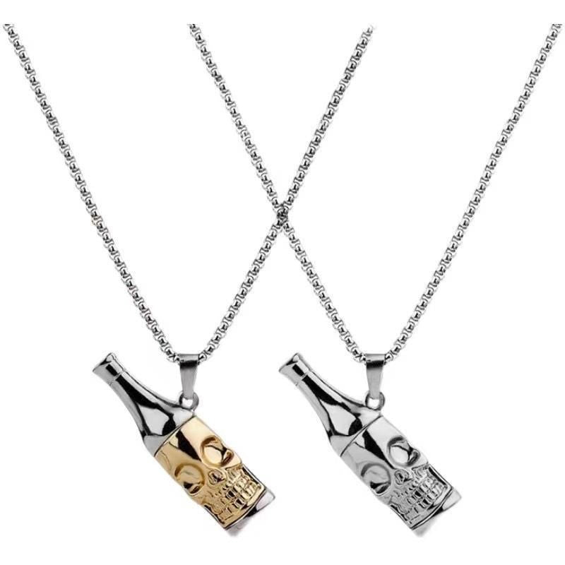 Retro Vintage Stainless Steel Gothic Skull Bottle Opener Halloween Skull Pendant Necklace for Men (2pcs)