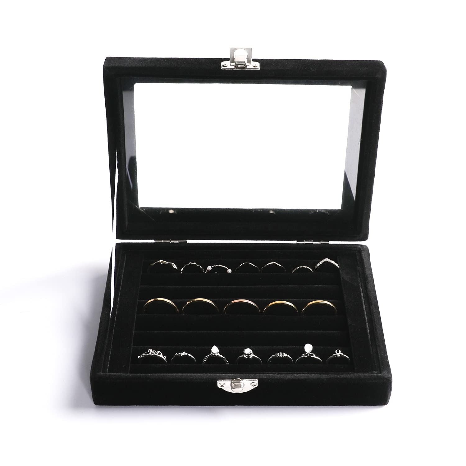 Earring Organizer Tray with Clear Lid,7 Slots Ring Box Velvet Ring Holder Drawer Insert Jewelry Storage Box Jewelry Display Case