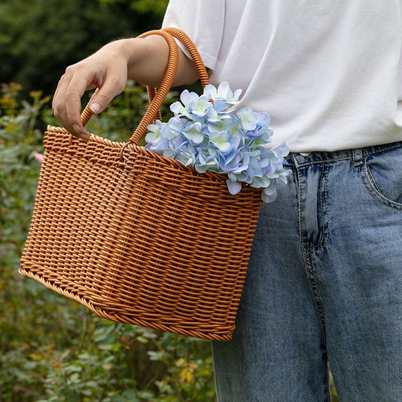Basket Woven Straw Basket with Handle Grocery Basket Tote Shopping Basket Wicker Picnic Basket Household Storage Basket for Home