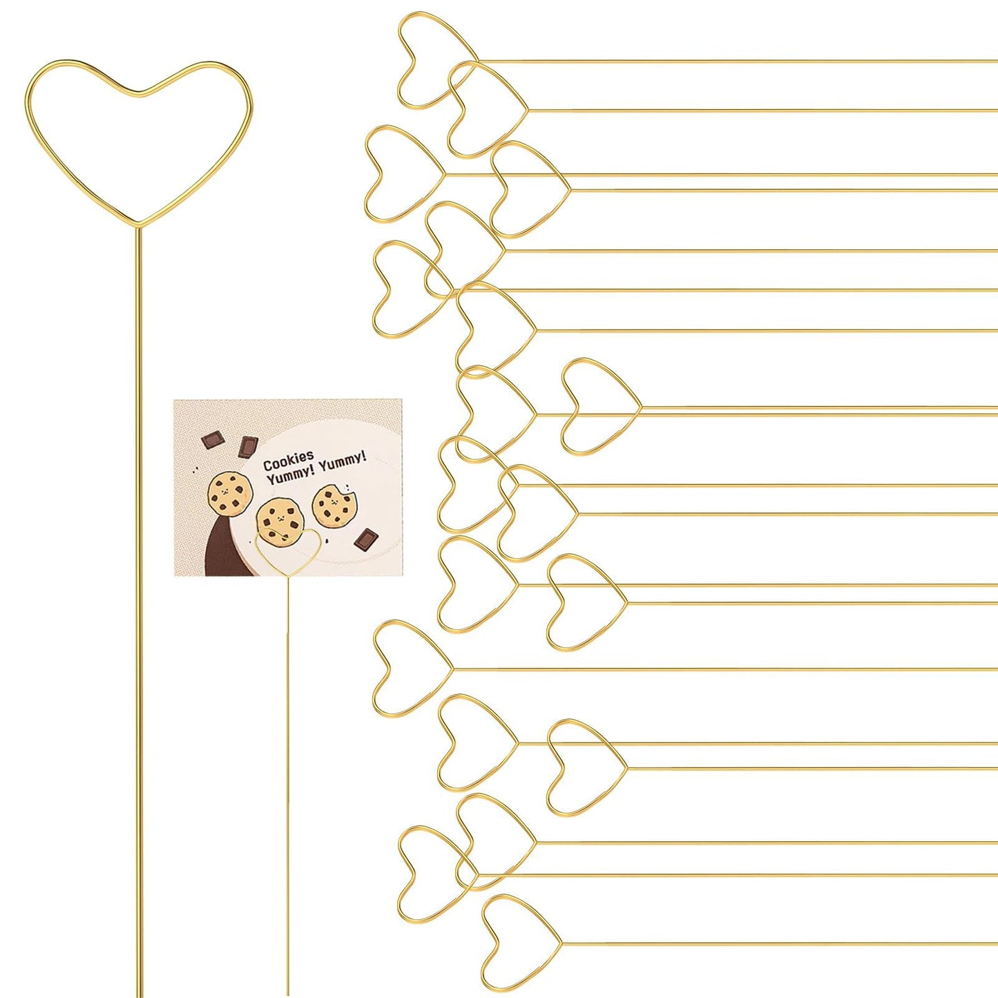 20Pcs Floral Picks Metal Floral Place Card Holder,Heart Loop Picture Holders, Flower Card Holder Stick,Gold Heart Floral Picks