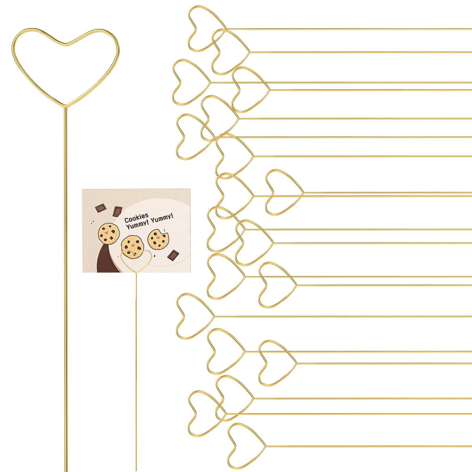 20Pcs Floral Picks Metal Floral Place Card Holder,Heart Loop Picture Holders, Flower Card Holder Stick,Gold Heart Floral Picks
