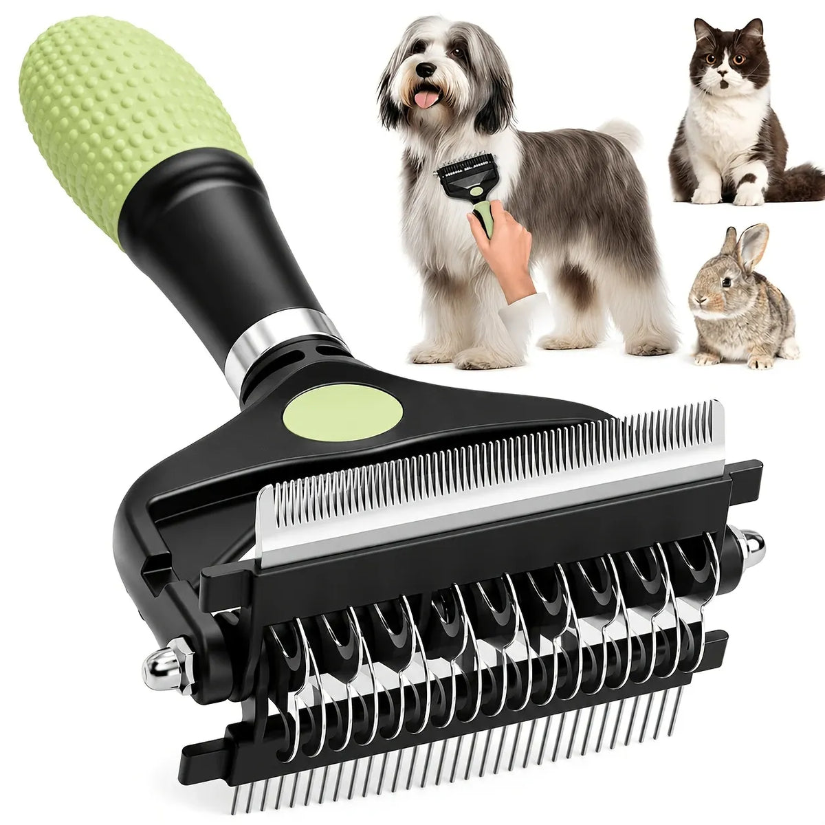 3-in-1 Pet Grooming Rake Comb: Painless Dematting, Deep Deshedding, for Long & Short Hair. Ergonomic Non-Slip Handle, Foldable & Easy to Store.