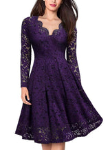 Long Sleeve Lace Dress V-Neck Dress Flared Dress Women'S Formal Dress Elegant - Black - Size S