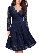 Long Sleeve Lace Dress V-Neck Dress Flared Dress Women'S Formal Dress Elegant - Dark blue - Size M