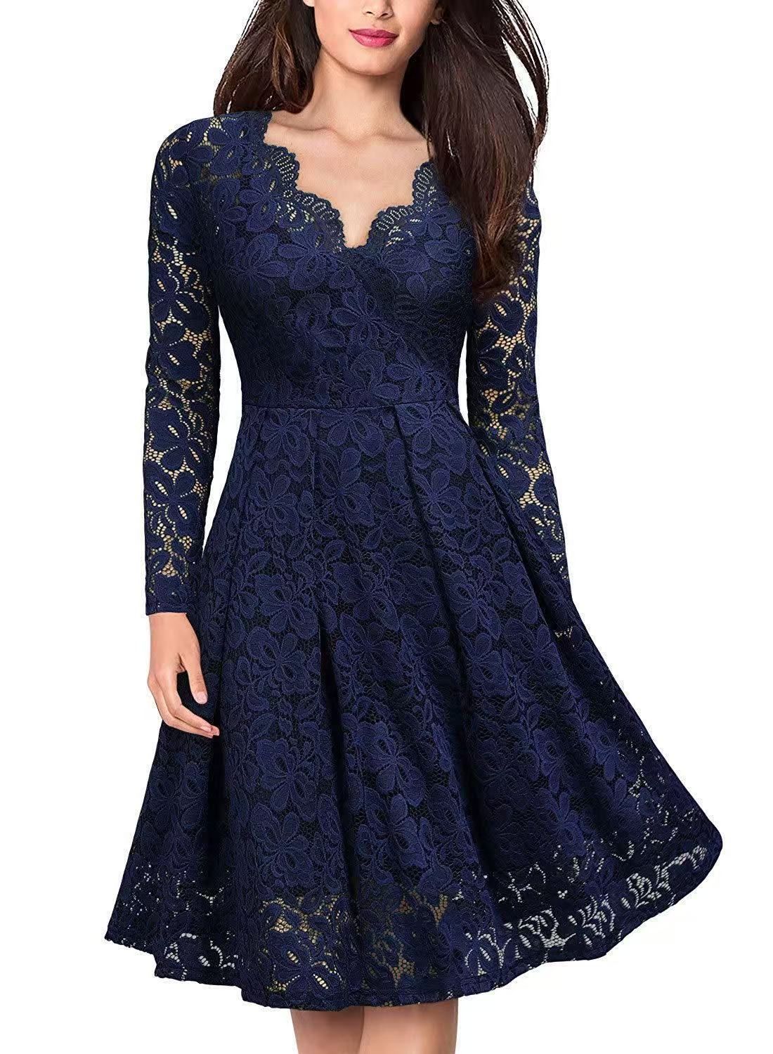 Long Sleeve Lace Dress V-Neck Dress Flared Dress Women'S Formal Dress Elegant - Dark blue - Size M