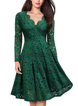 Long Sleeve Lace Dress V-Neck Dress Flared Dress Women'S Formal Dress Elegant - Green - Size L