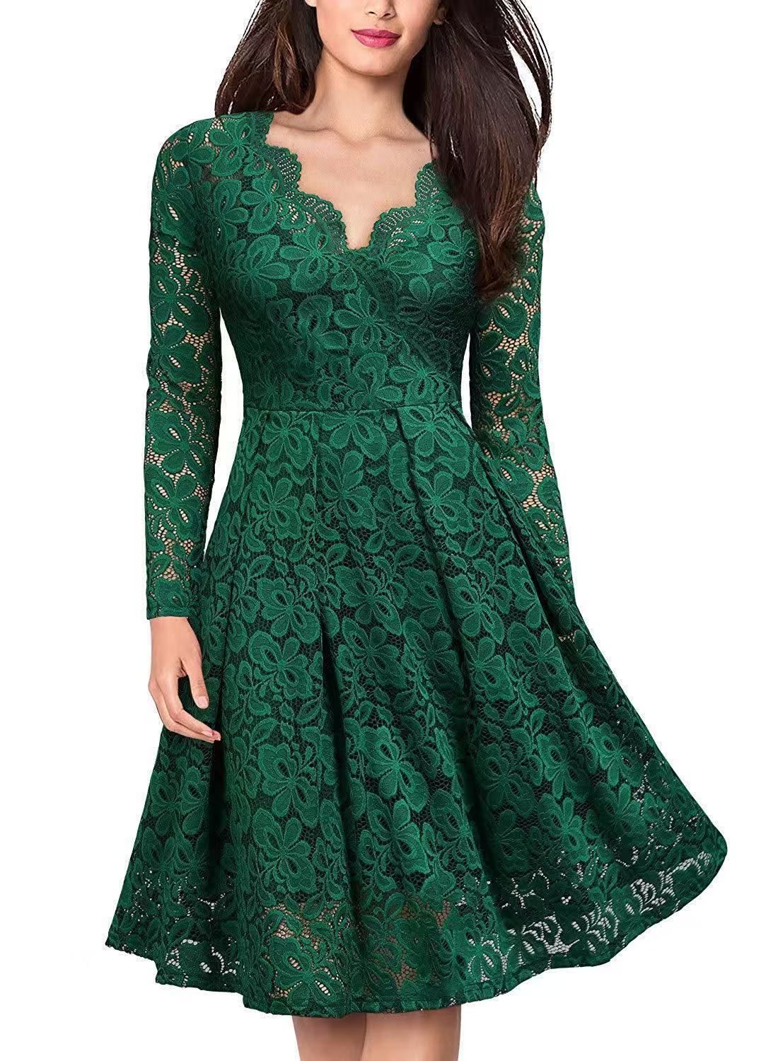 Long Sleeve Lace Dress V-Neck Dress Flared Dress Women'S Formal Dress Elegant - Green - Size XXL
