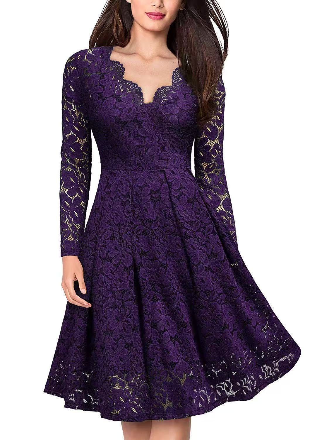 Long Sleeve Lace Dress V-Neck Dress Flared Dress Women'S Formal Dress Elegant - Purple - Size M