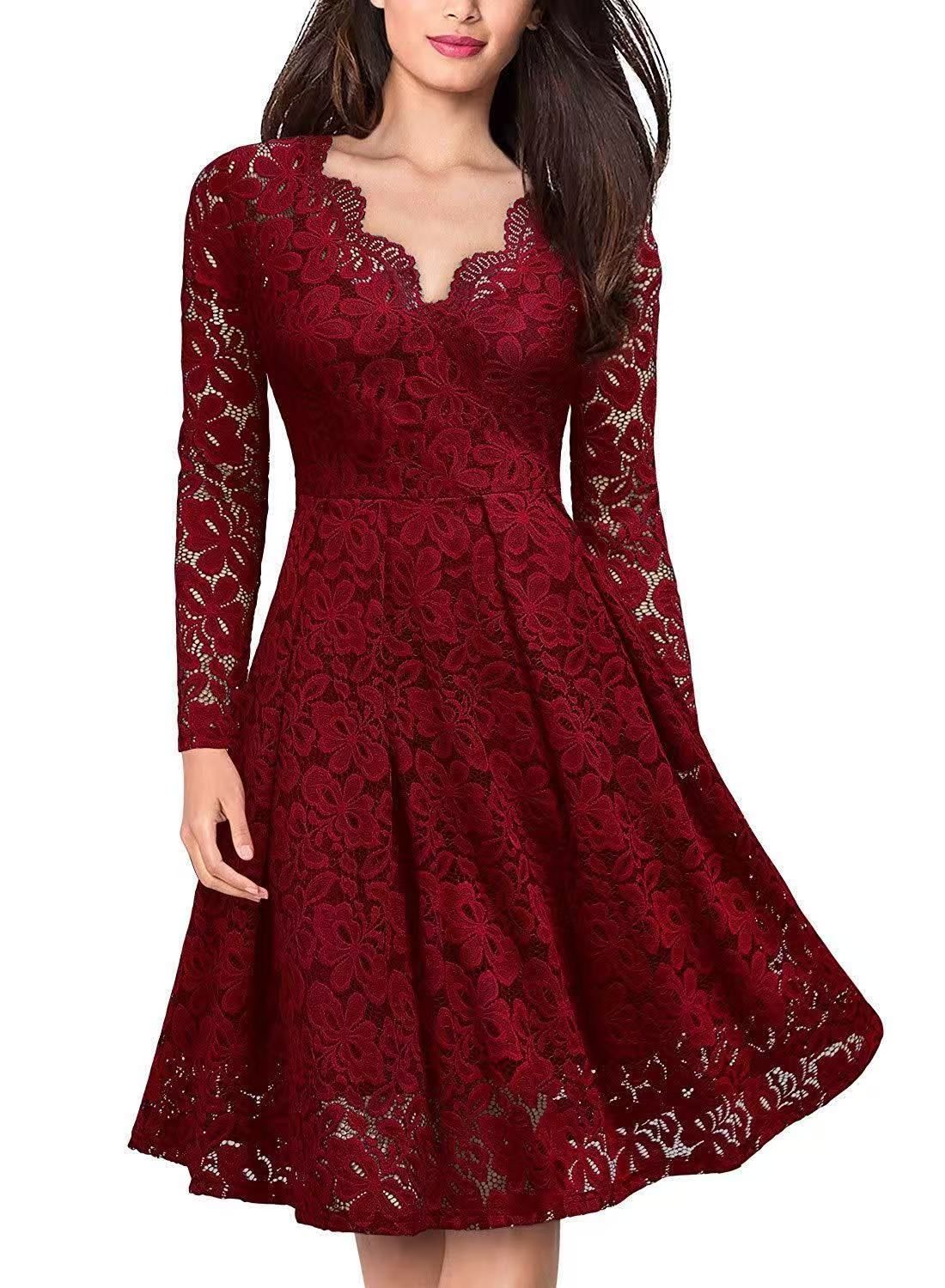 Long Sleeve Lace Dress V-Neck Dress Flared Dress Women'S Formal Dress Elegant - Red - Size M