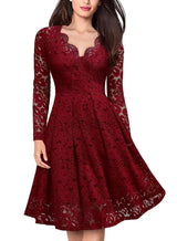 Long Sleeve Lace Dress V-Neck Dress Flared Dress Women'S Formal Dress Elegant - Red - Size XL