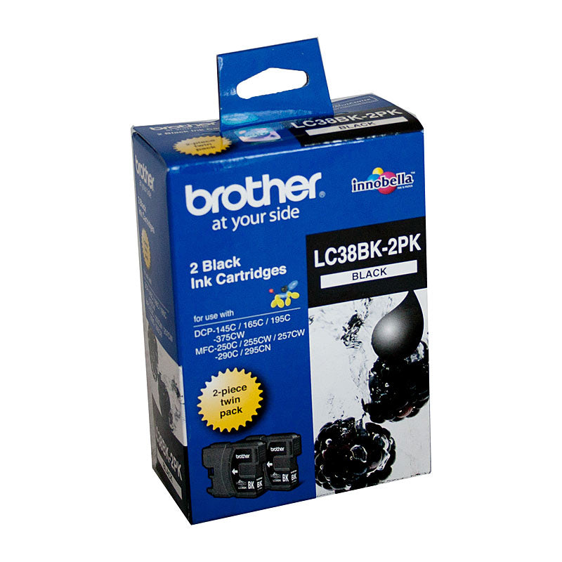 Brother LC-38BK Black Ink Cartridge Twin Pack - DCP-145C/165C/195C/375CW, MFC-250C/255CW/257CW/290C/295CN- up to 300 pag