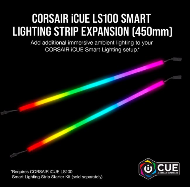CORSAIR iCUE LS100 Smart Lighting Strip Expansion Kit 2x 450mm Addressable LED Strip, RGB Ext Cable, Adhesive Tape, Cabl