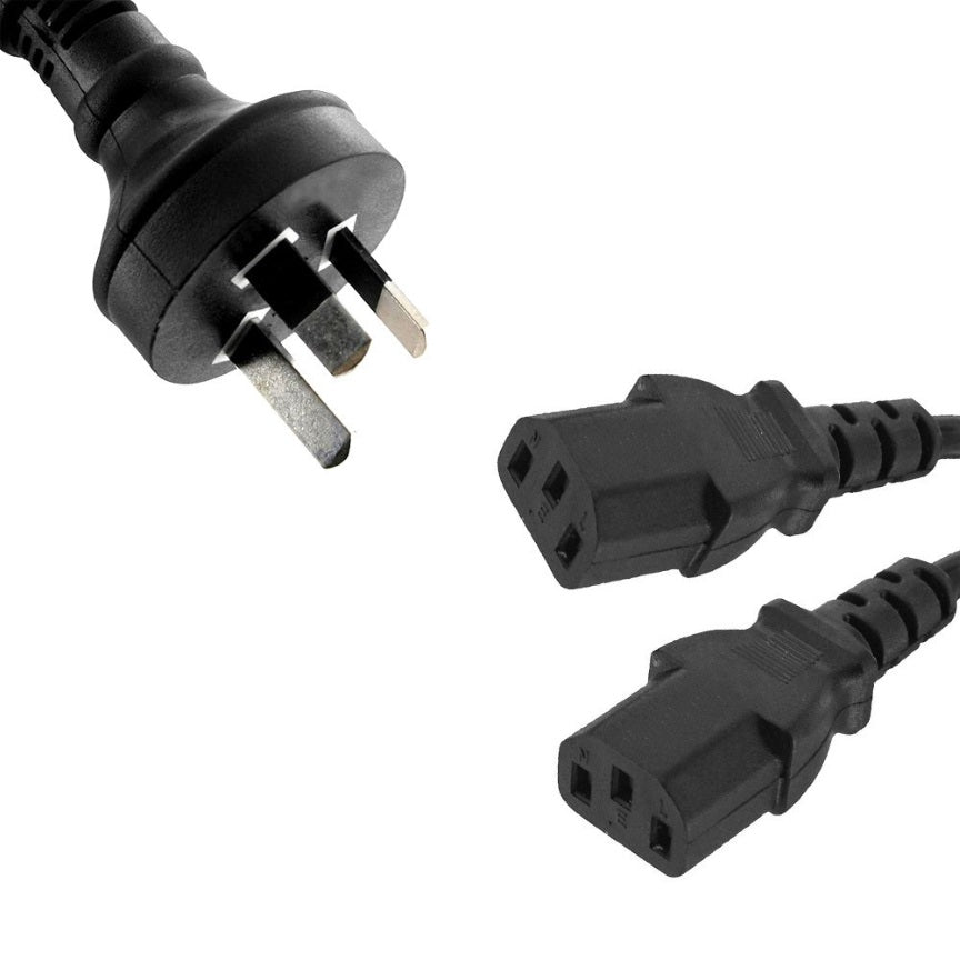 8WARE 2m 10amp Y Split Power Cable with AU/NZ 3-pin Male Plug 2xIEC F C13 Socket & Cord for PC & Monitor to Wall Power S