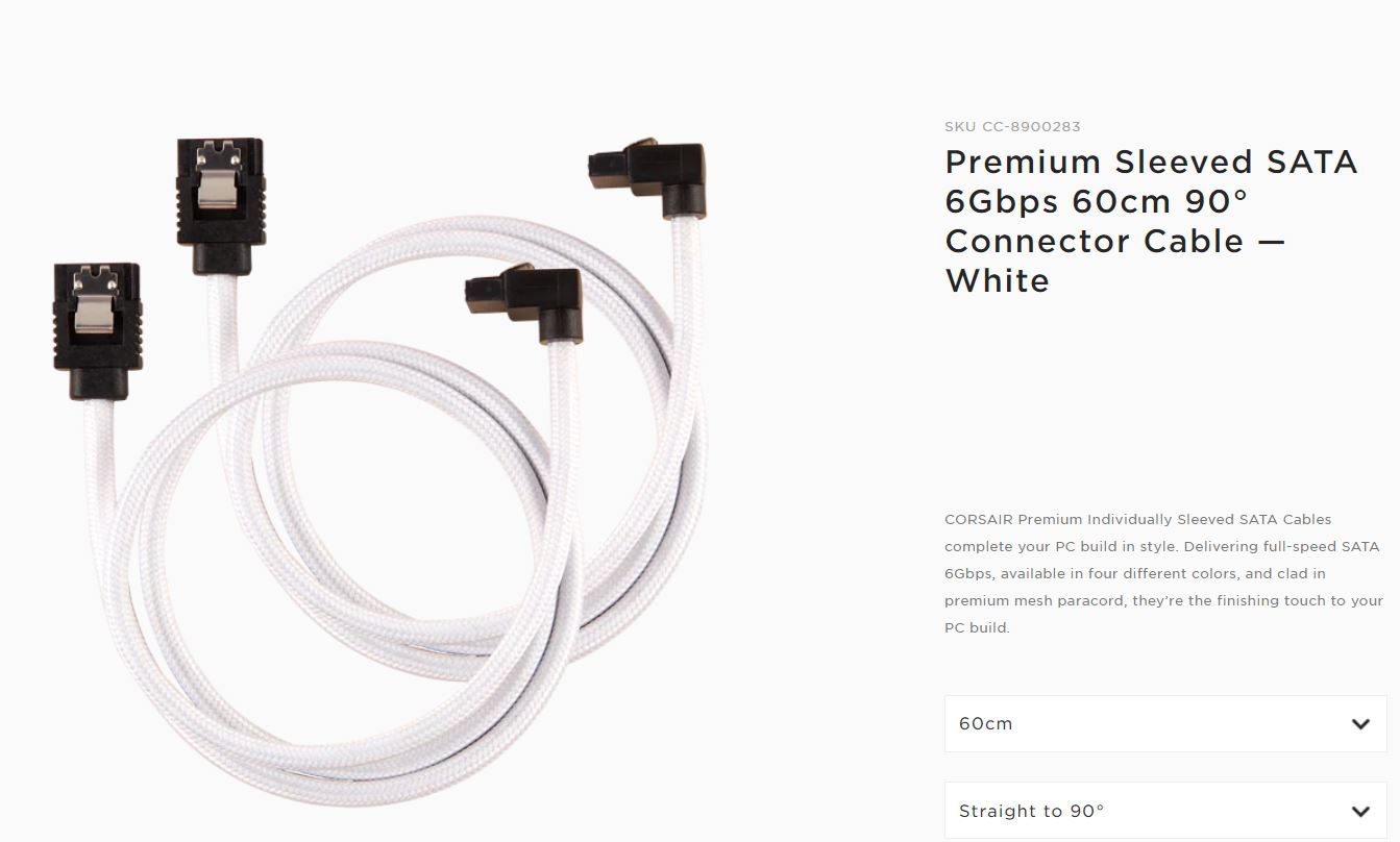 CORSAIR Premium Sleeved SATA 6Gbps 60cm 90?? Connector Cable Ã”Ã‡Ã¶ White