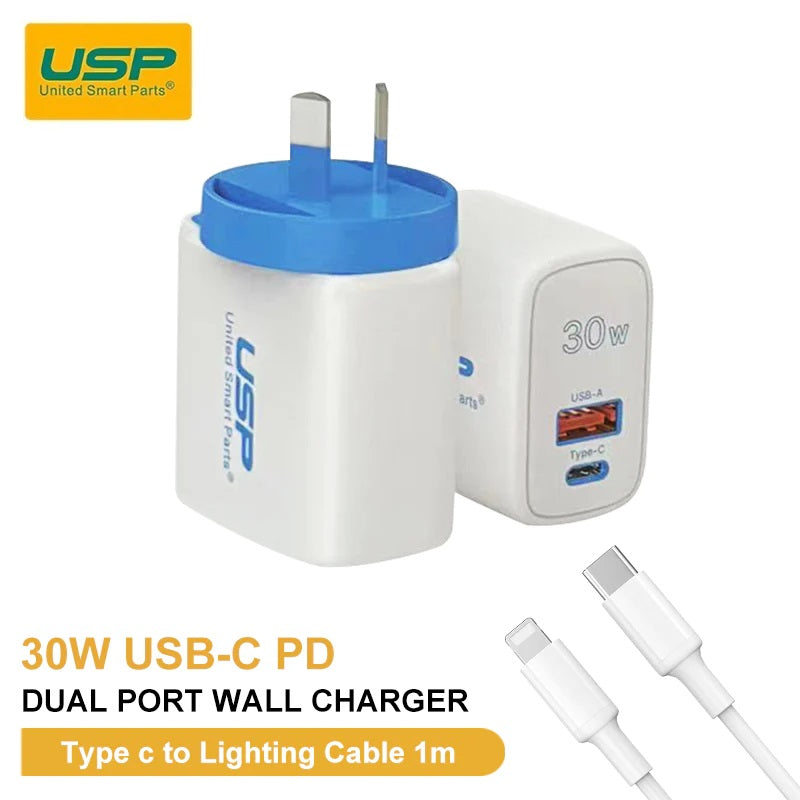 USP 30W Dual Port (USB-A + USB-C) PD Fast Wall Charger + Lightning Cable (1M) - (6972475750480), PD + QC3.0 Fast & Safe 