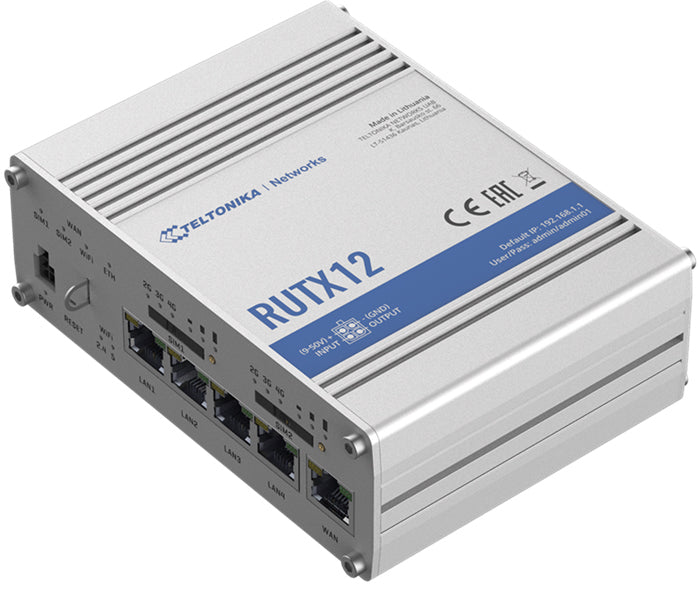 TELTONIKA RUTX12 - Industrial Dual Modem and Dual SIM CAT6 4G LTE Router/Firewall with Dual Band WiFi 5 802.11ac, GNSS/G