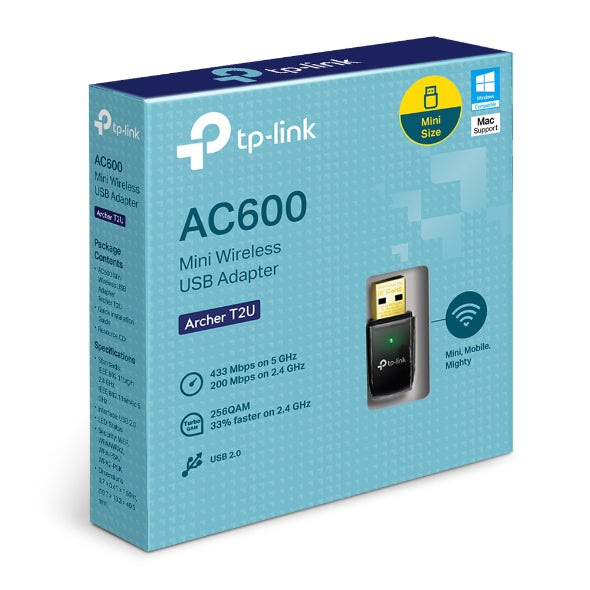 TP-Link Archer T2U AC600 Wireless Dual Band USB Adapter 2.4GHz (150Mbps) 5GHz (433Mbps) 1xUSB2 802.11ac 1x Omni Directio
