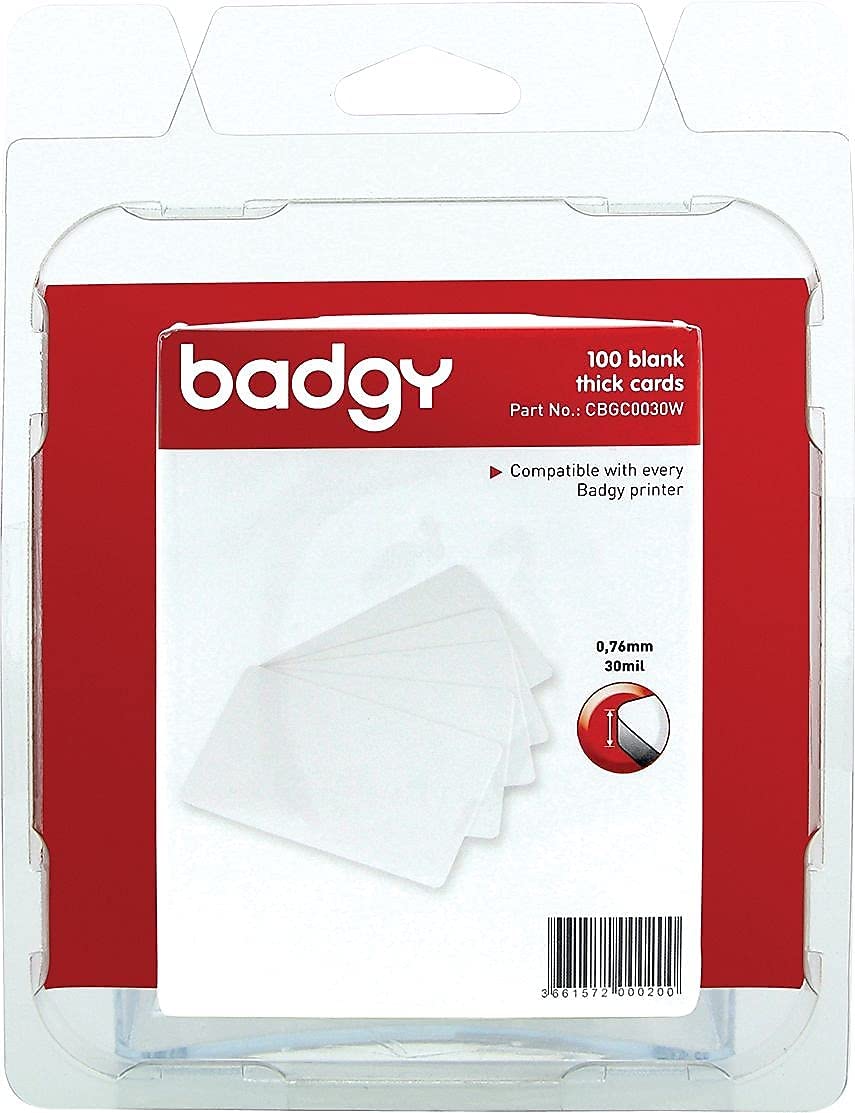 BADGY 100 X THICK Plastic Polyvinyl Chloride PVC cards 076MM-30MIL Printable, Media thickness: 118" Includes 100 cards C