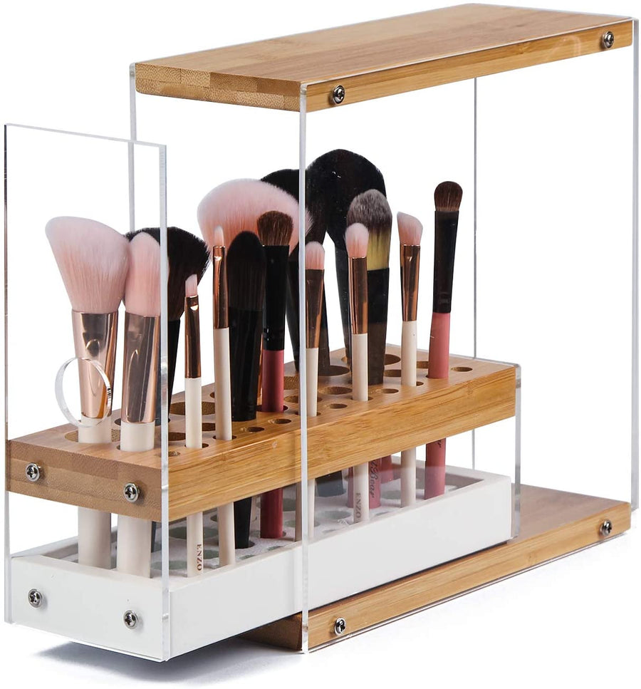 31 Holes Acrylic Bamboo Brush Holder Organiser Beauty Cosmetic Display Stand with Leather Drawer White (22.3 x 8.6 x 21.