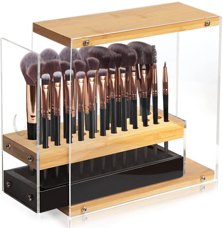 31 Holes Acrylic Bamboo Brush Holder Organiser Beauty Cosmetic Display Stand with Leather Drawer Black (22.3 x 8.6 x 21.