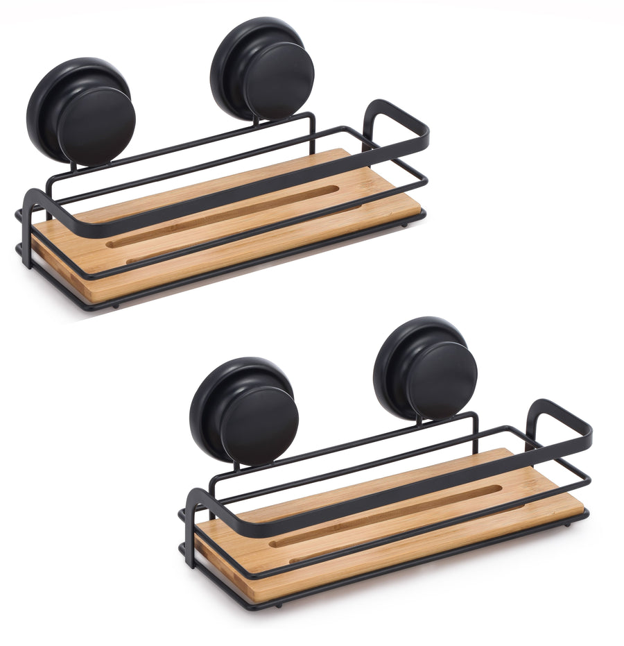 2 Pack Rectangular Bamboo Corner Shower Caddy Shelf Basket Rack with Premium Vacuum Suction Cup No-Drilling for Bathroom