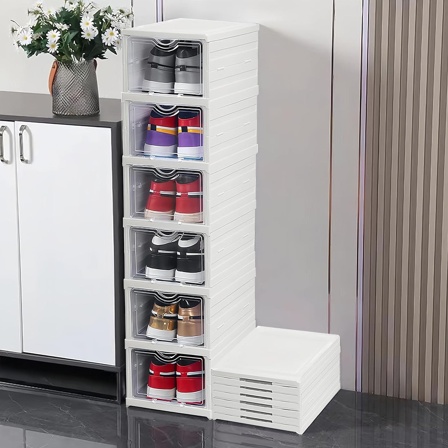 CARLA HOME 6-Tier Stackable Shoe Storage Box Organizer with Clear Door for Closet, Entryway or Cabinet