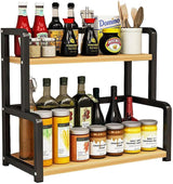 CARLA HOME 2-Tier Wooden Kitchen Countertop Spice Rack for Storage of Condiments, Oils, Jars & Seasoning Bottles