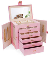 CARLA HOME 6-Layer Large Jewelry Box for Women withDrawers, Mirror, Lock, Necklace Hooks & Side Compartments for Rings, Earrings, Bracelets, Gifts (Pink)