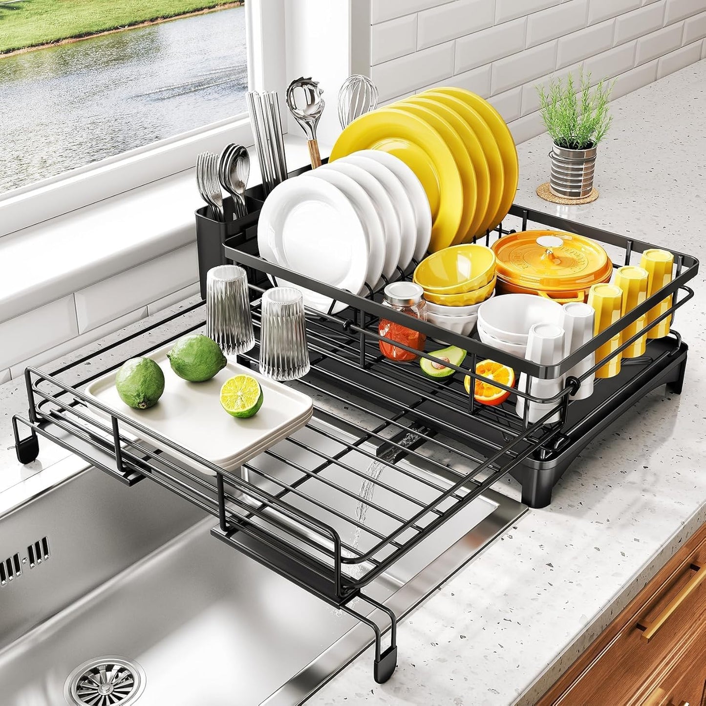 CARLA HOME Expandable Dish Drying Rack with Drainage Spout, Utensil Holder & Drainboardfor Kitchen Countertop Organizer (1 tier)