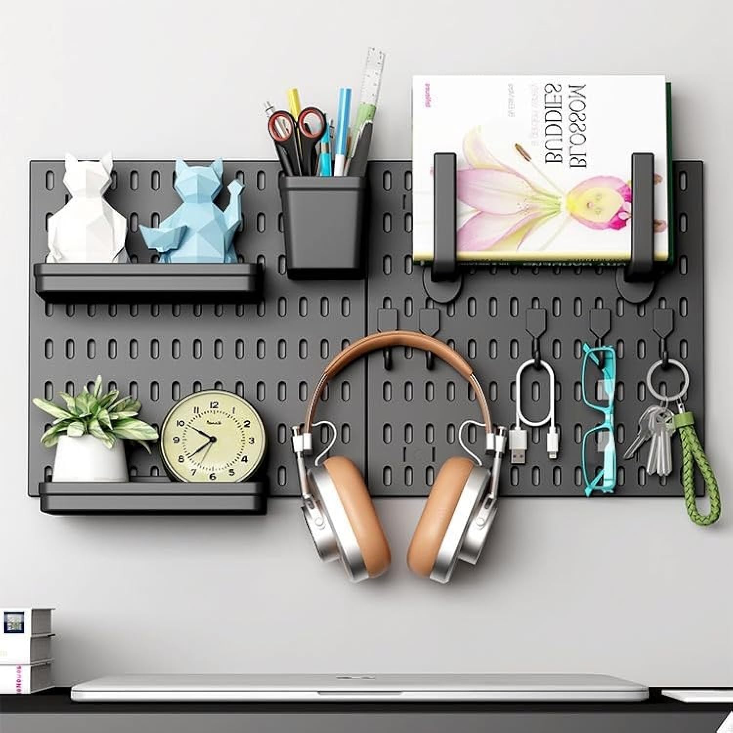 CARLA HOME Pegboard Wall Organizer Kit – 2 Black Modular Pegboards with 10 Accessories for Office, Gaming & Home Storage