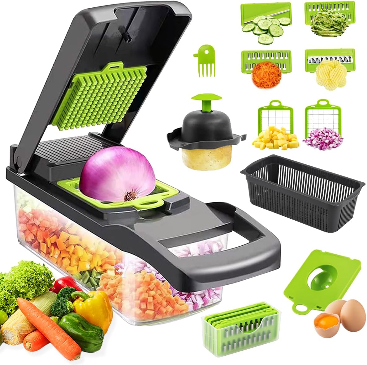 CARLA HOME Multifunctional Mandoline Vegetable Chopper 16-in-1 with Stainless Steel Blades, Storage Container & Hand Guard for Fruits & Veggies