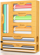CARLA HOME 6-in-1 Bamboo Kitchen Drawer Organizer with Ziplock Bag Storage, Wrap Dispenser, Cutter for Gallon, Quart, Sandwich, Snack, Foil & Plastic Wrap