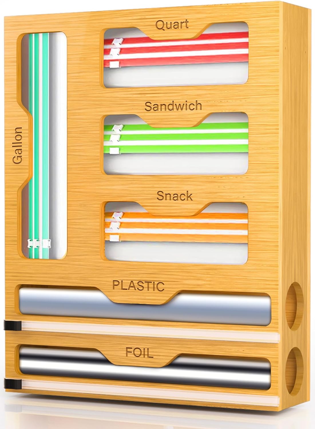 CARLA HOME 6-in-1 Bamboo Kitchen Drawer Organizer with Ziplock Bag Storage, Wrap Dispenser, Cutter for Gallon, Quart, Sandwich, Snack, Foil & Plastic Wrap