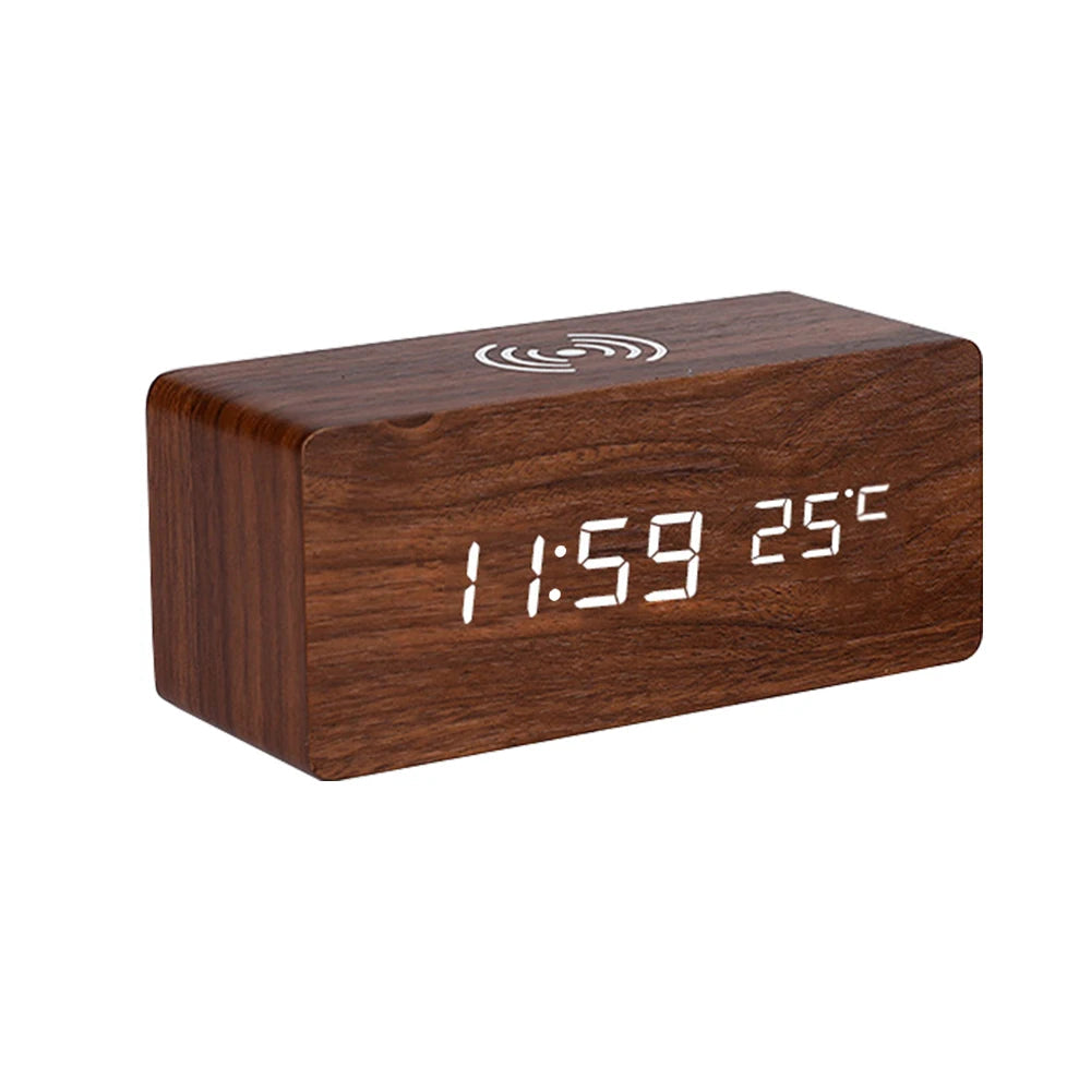 Modern Wooden LED Desk Clock with Qi Charger