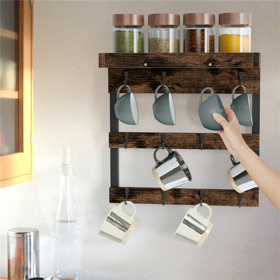 Wooden Wall Mounted Coffee Mug Rack 12 Hooks Cup Holder