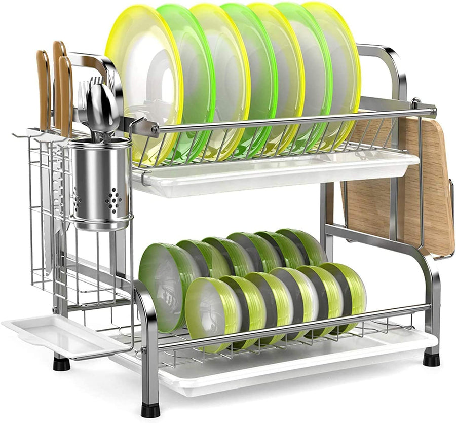 Stainless Steel 2-Tier Dish Drying Rack with Utensil Holder, Cutting Board Holder and Dish Drainer for Kitchen Counter (