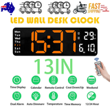 13" Orange Large Digital Big Jumbo LED Wall Desk Clock Display With Temperature Calendar 