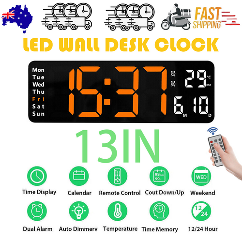 13" Orange Large Digital Big Jumbo LED Wall Desk Clock Display With Temperature Calendar 