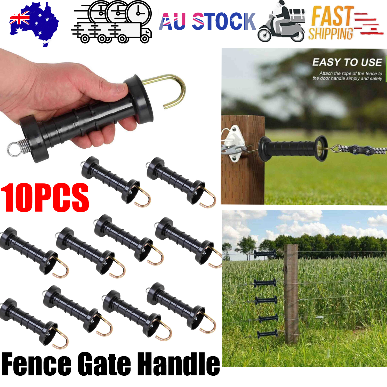10x Electric Fence Gate Handle Compact Insulated Spring Handles with Hook Black