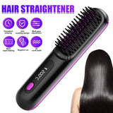 Black Hair Straightener Brush Travel Mini Rechargeable Hair Styler Fast Heating 