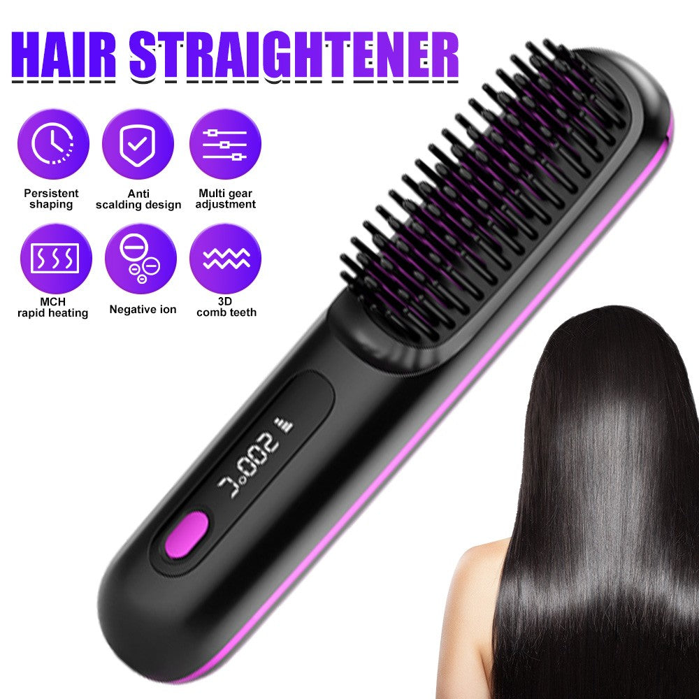 Black Hair Straightener Brush Travel Mini Rechargeable Hair Styler Fast Heating 