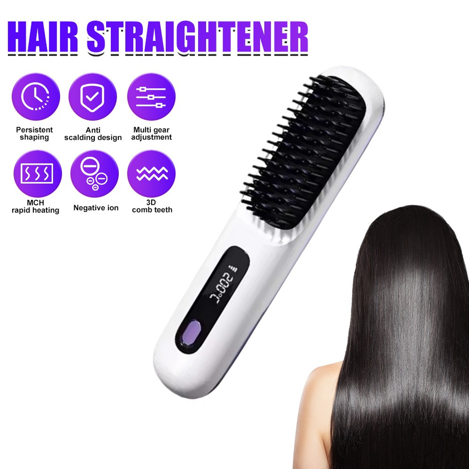 White Hair Straightener Brush Travel Mini Rechargeable Hair Styler Fast Heating 