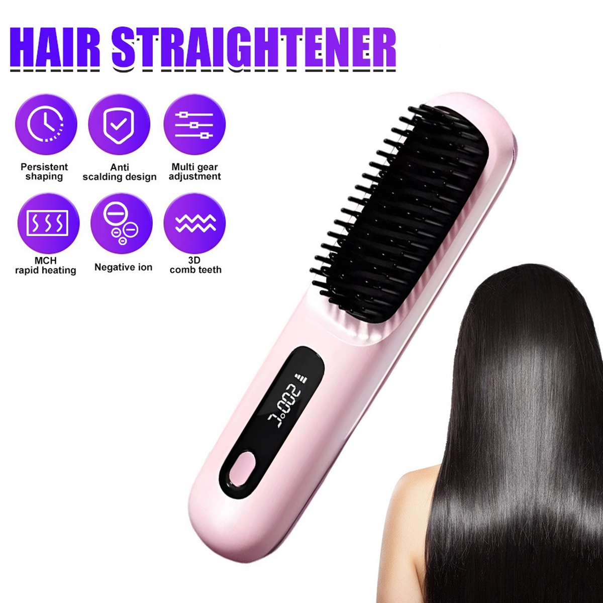 Pink Hair Straightener Brush Travel Mini Rechargeable Hair Styler Fast Heating 