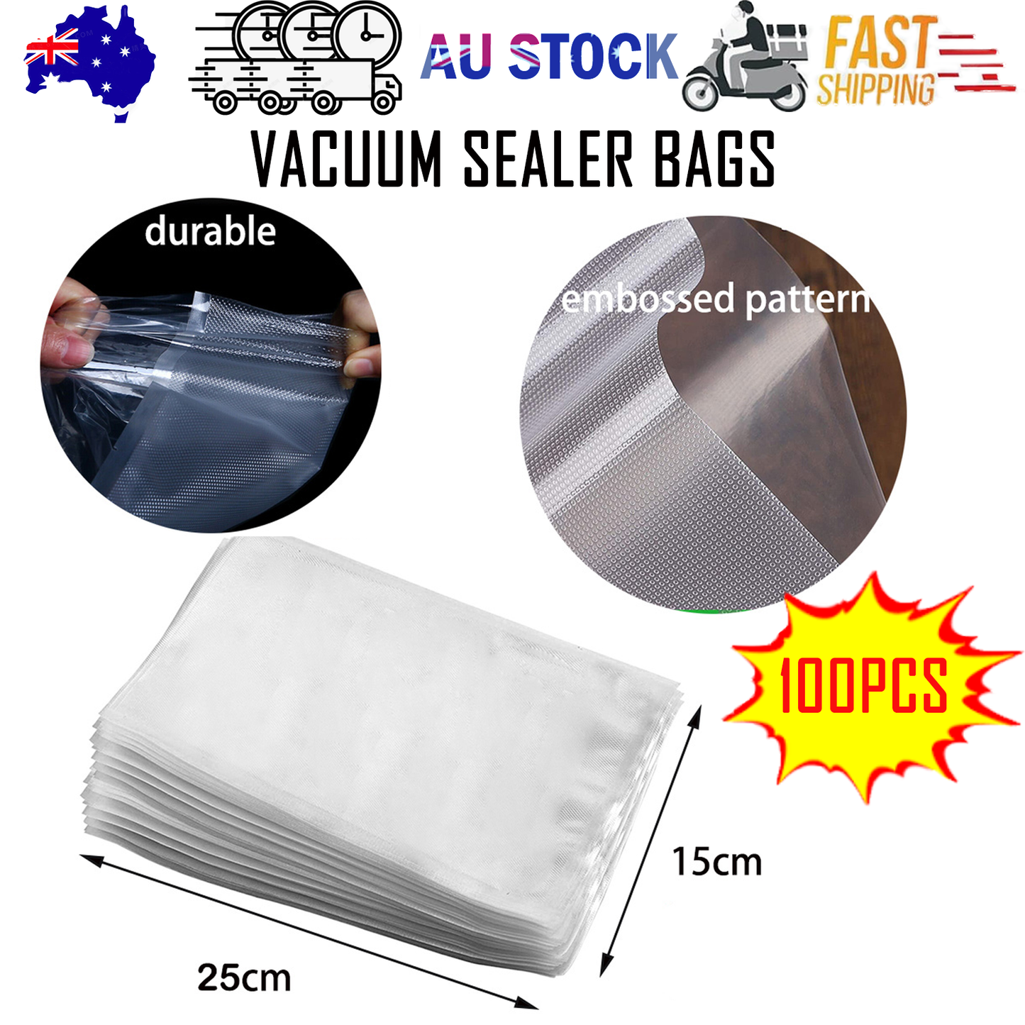 100X Vacuum Sealer Bags Precut Food Storage Saver Heat Seal Cryovac BPA-Free 15x25cm