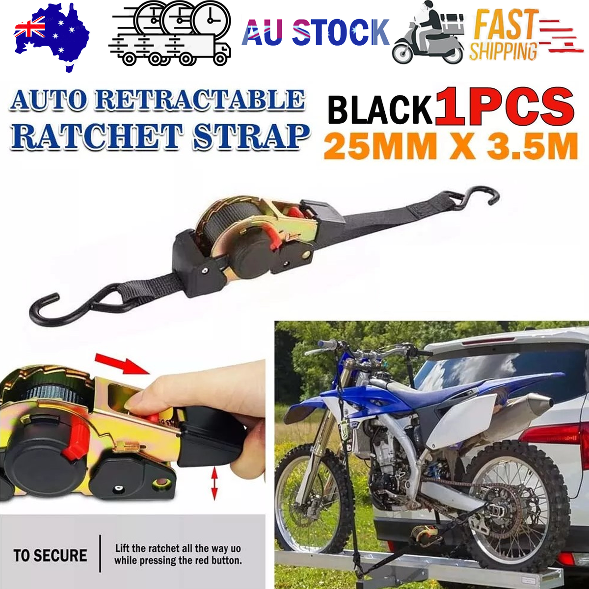 Quick Release Automatic Heavy Duty Retractable Ratchet Tie Down Strap black 25mm*3m