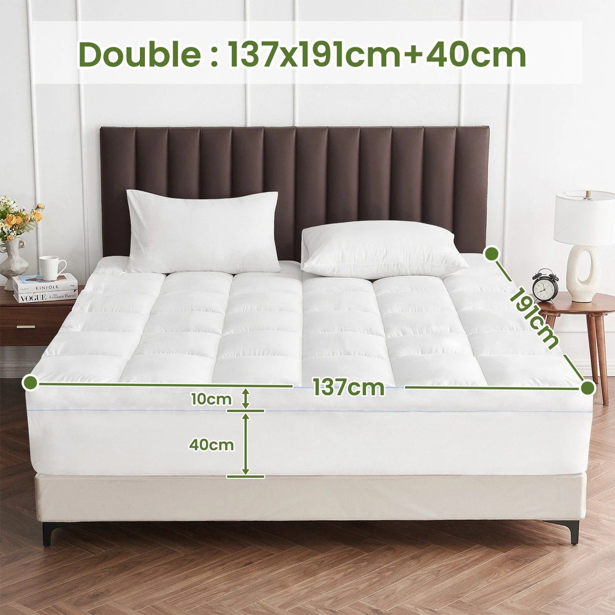 1500GSM Bamboo Mattress Topper Extra Thick 10CM Bed Topper Double:Ã‚Â 137 x 191 + 40Ã‚Â cm