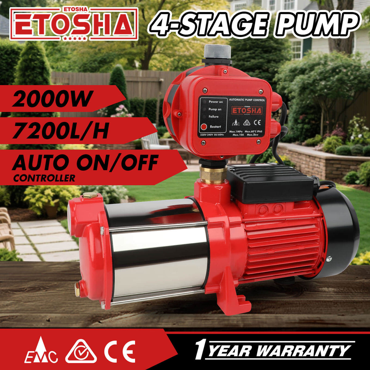 ETOSHA 2000W Garden Water Pump High Pressure 4-Stage Tank Irrigation Water Pump