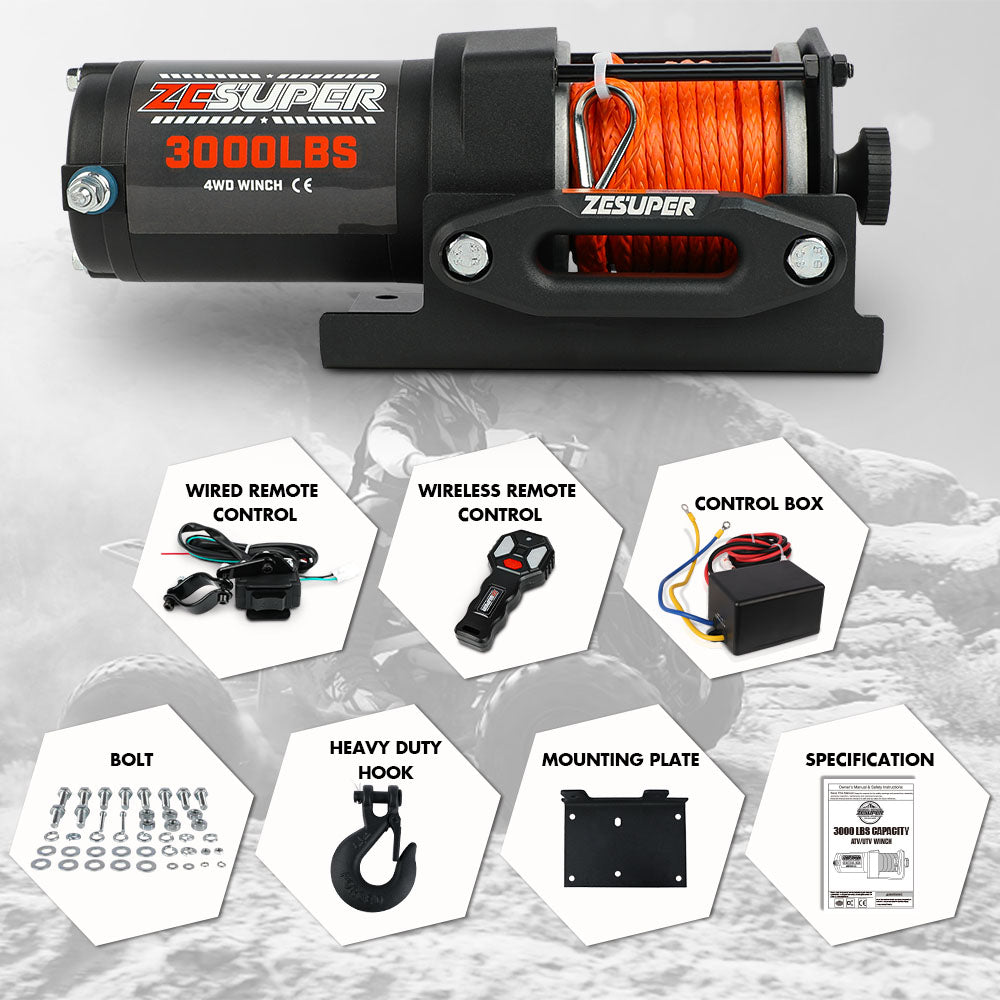 ZESUPER 12V Electric Winch 3000lbs Synthetic Rope Wireless Remote ATV UTV BOAT