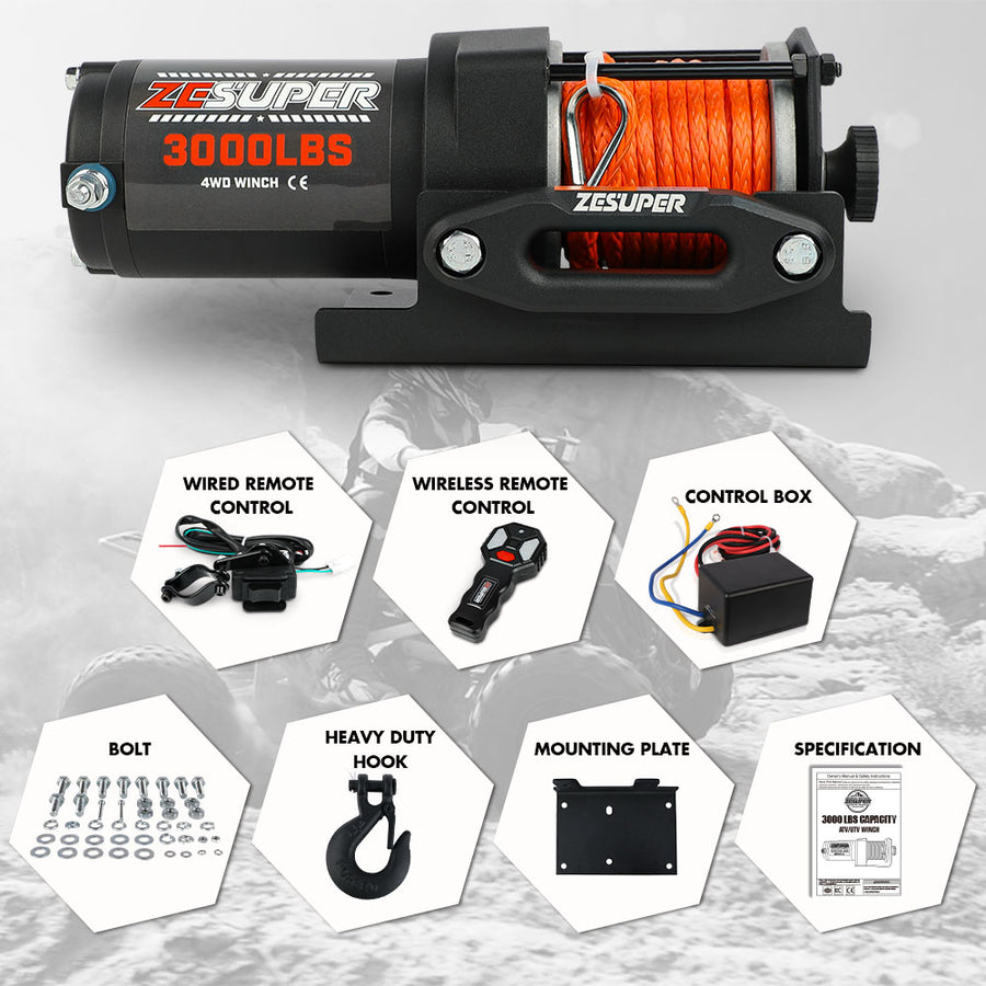 ZESUPER 12V Electric Winch 3000lbs Synthetic Rope Wireless Remote ATV UTV BOAT