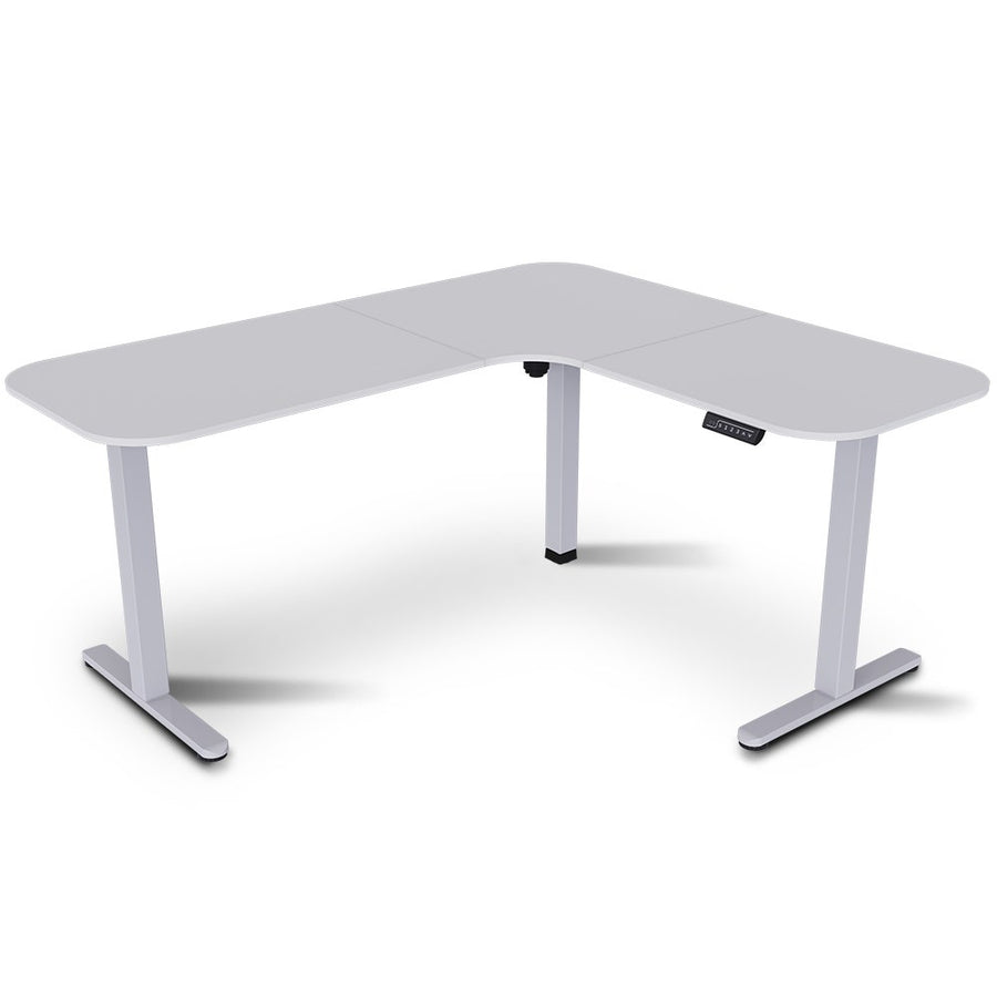 FORTIA Corner Standing Desk, 160x140cm, 72-118cm Sit to Stand Up Electric Height Adjustable, White Desktop/Silver Frame